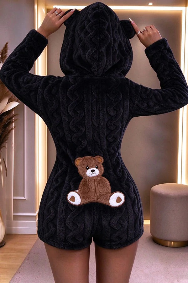 Relaxed and Cozy Teddy Bear Long Sleeve Zipper Hooded Lounge Romper