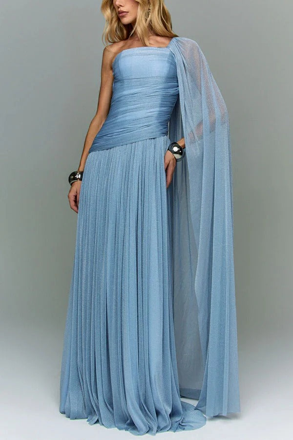 Maison Lurex Shimmer Ethereal One-Shoulder Draped Maxi Dress