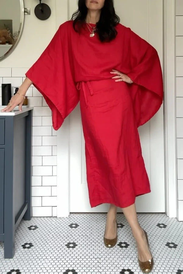 Stacie Linen Blend Wide Neck Batwing Sleeves Tie-up Waist H-line Maxi Dress