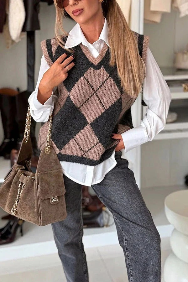 Soft Fluffy Knit Distinctive Diamond Pattern Sleeveless Loose Sweater Vest