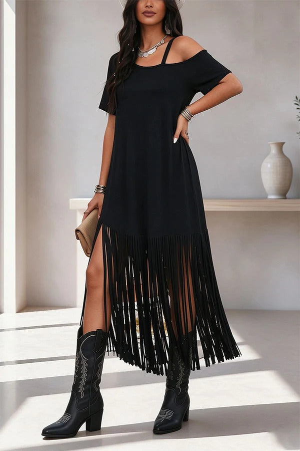 Edgy Cold Shoulder Tassel Detail Maxi Dress