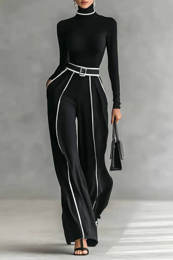 White Trim High-neck Long-sleeved Top With Wide-leg Pants and Belt Set