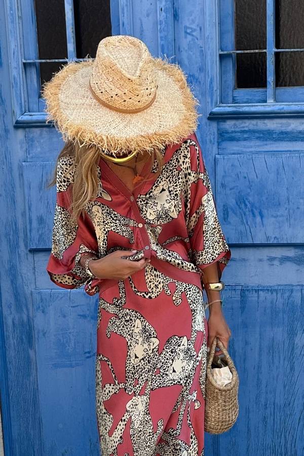 Burgundy Leopard Print Satin Shirt Maxi Dress Set