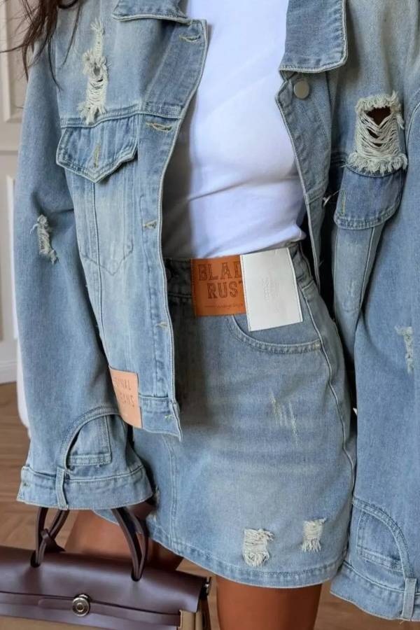 Distressed Denim Jacket and Mini Skirt Set
