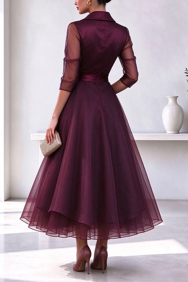 Sophia's Elegant Organza Wrap Midi Dress