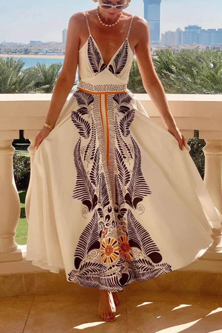 Classic Unique Printed Iinen Sexy V-Neck Bow Tie Waist Maxi Dress