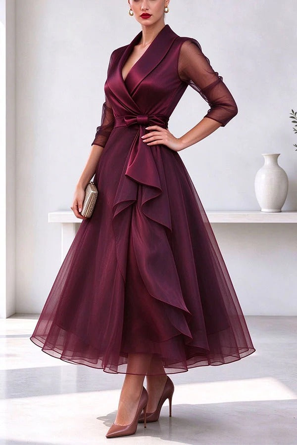 Sophia's Elegant Organza Wrap Midi Dress