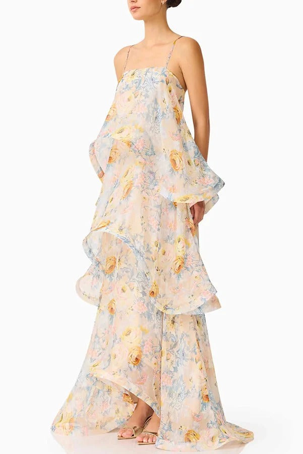 Armani Georgette Fabric Floral Print Tiered Slip Square Neck A-line Maxi Dress