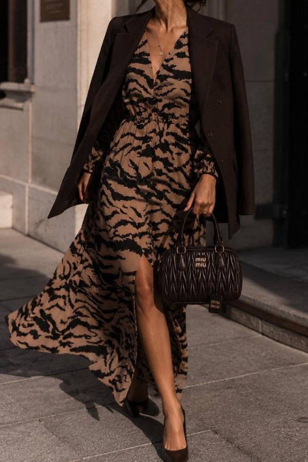 V-Neck Leopard Long Sleeve Waisted Slit Ruffle Maxi Dress