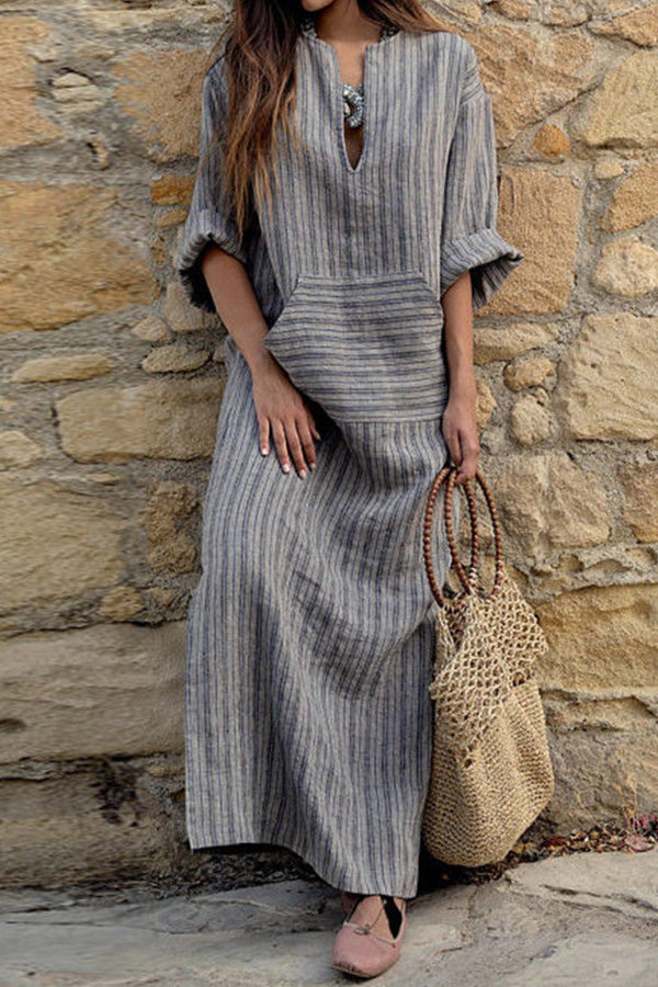 Cotton and linen yarn-dyed striped loose long dress