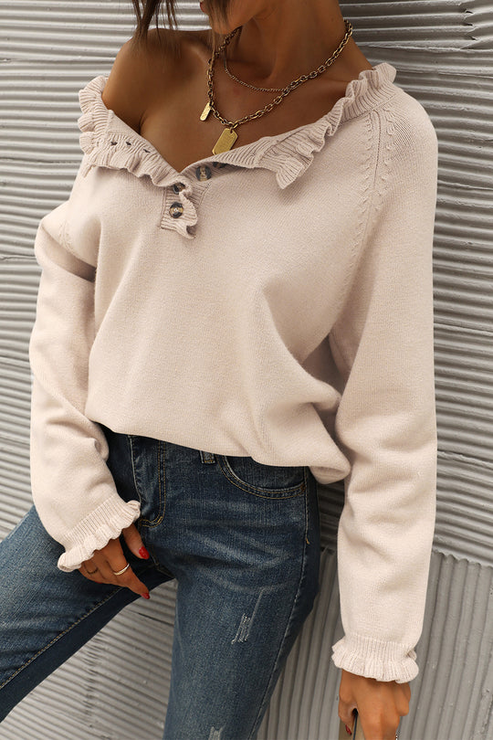 Long Sleeve Button Down Ruffle Knit Pullover Sweater Tops