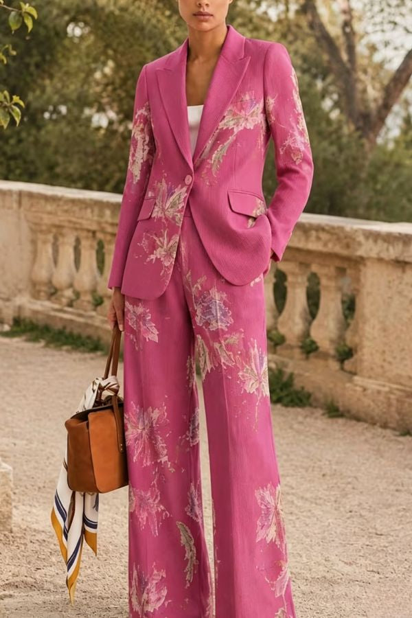 Color‑Block Print Blazer & Wide‑Leg Pants Two‑Piece Suit