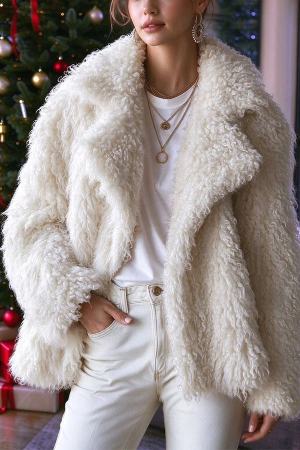 Warm Winter Teddy-style Curly Plush Long Sleeve Lapel Coat