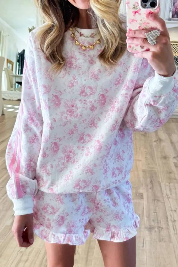 Floral Print Long Sleeve Sweatshirt and Shorts Set