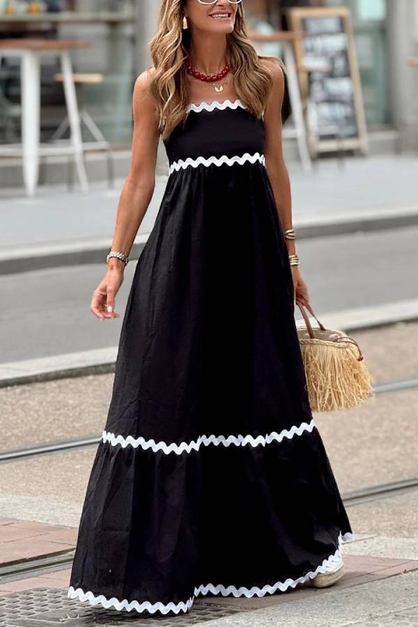 Bayside Beauty Wave Trim Patchwork Back Smocked Suspender Maxi Dress