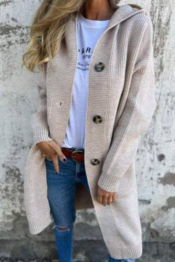 Women's Hooded Single Breasted Mid-Length Knit Cardigan