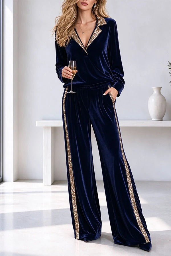 Elegant Velvet Sequin Trim Lapel Top with An Elastic Waist Pocket Wide Leg Pants Set