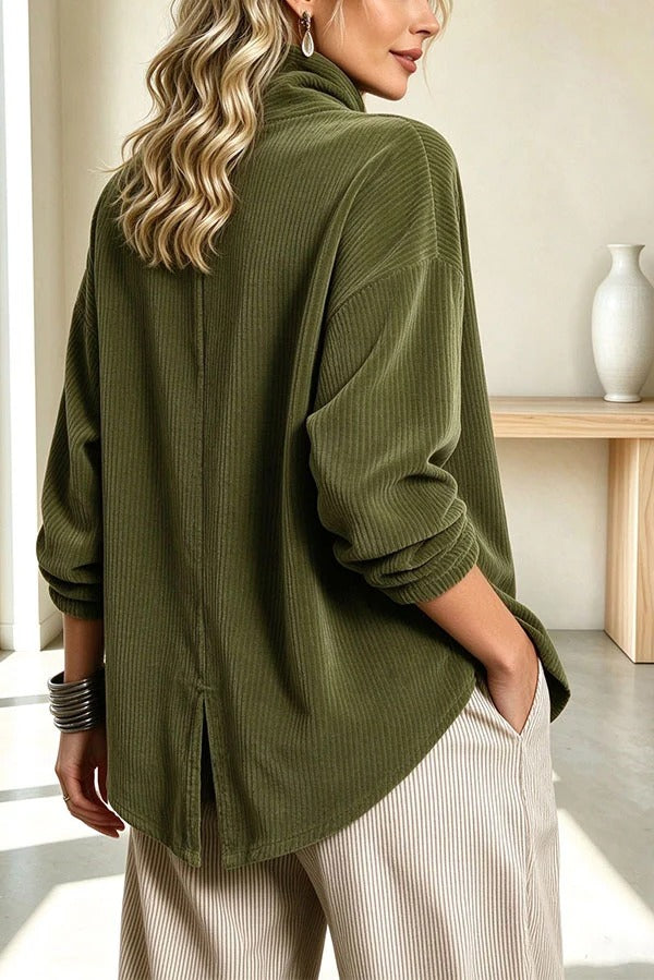 Chic Slanted Button High-Neck Corduroy Outerwear