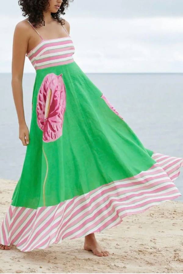 Backless Stripes Splice Floral Print Swing Maxi Cami Dress