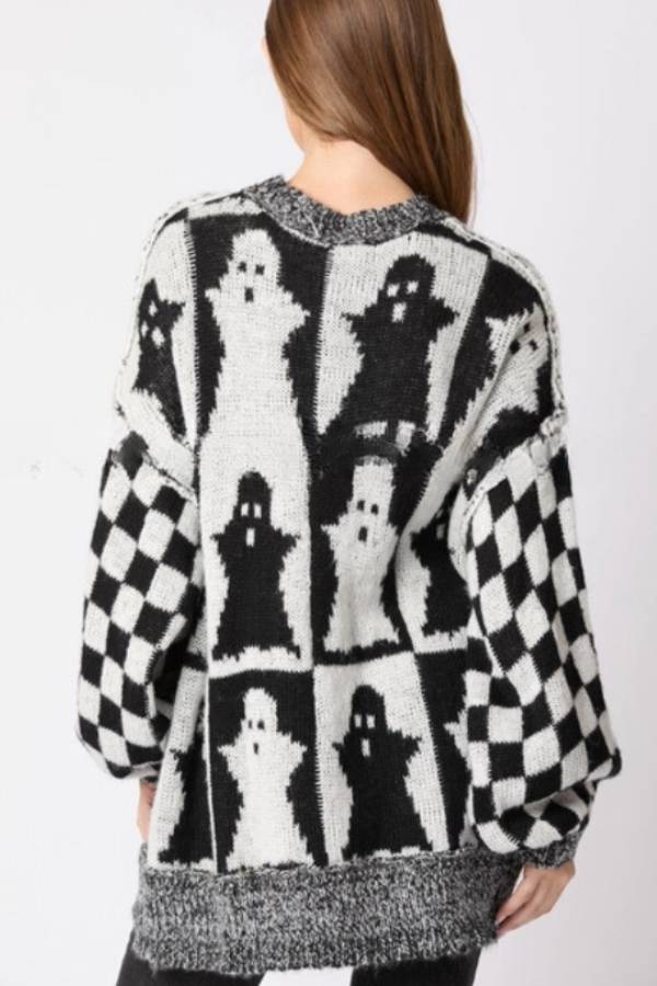 Halloween Ghost Plaid Crew Neck Sweater