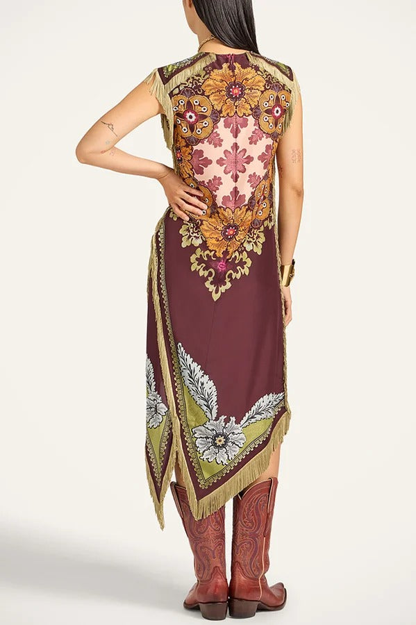 Bohemian Style Floral Print Tassel Trim Irregular Hem Slit Scarf Midi Dress