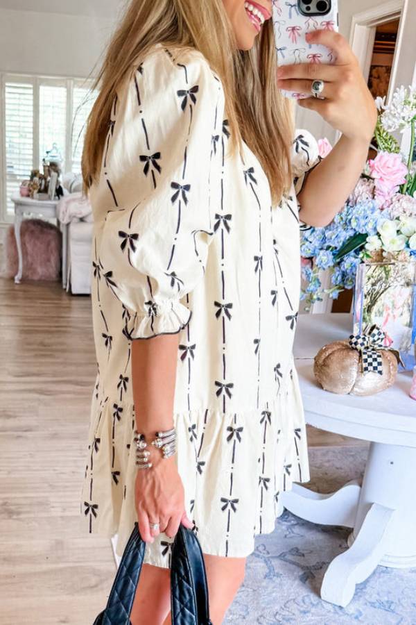 Beige Cute Bowknot Printed Bubble Sleeve V Neck Mini Dress