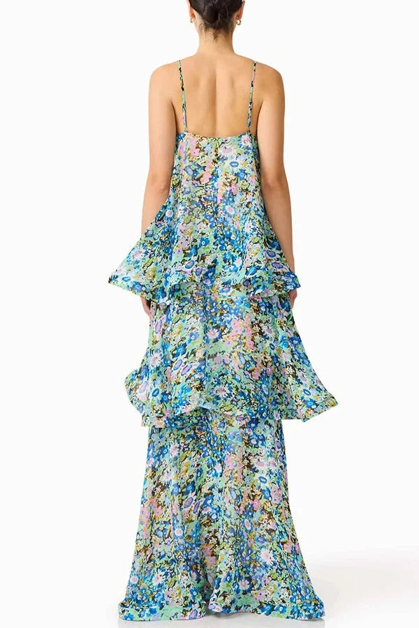 Armani Georgette Fabric Floral Print Tiered Slip Square Neck A-line Maxi Dress