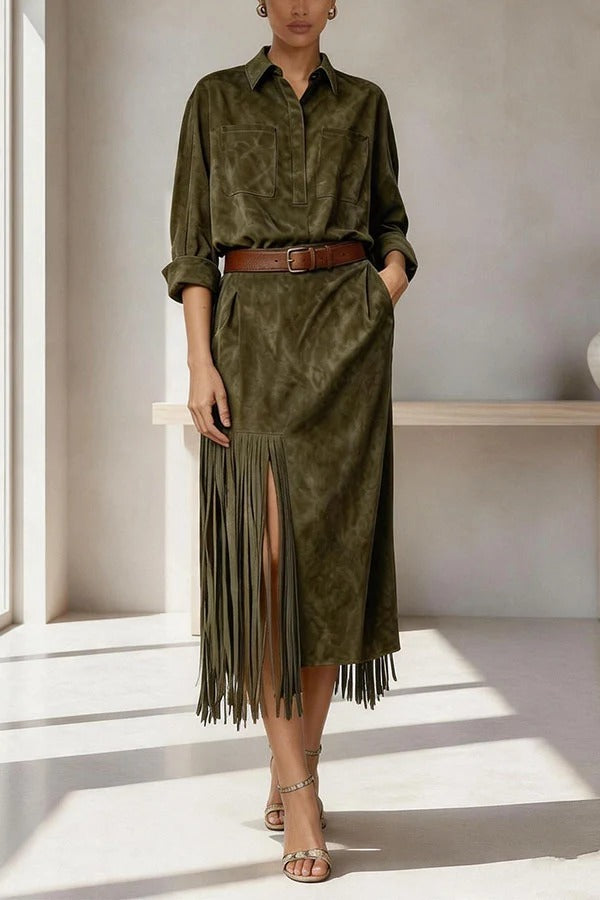 New Faux Suede Long Sleeve Belted Fringed Hem Pocket Shirt Midi Dress
