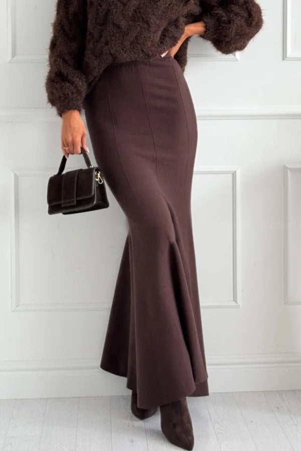 Caitlin Knit Stretch Fabric High Waist Fishtail Casual Maxi Skirt