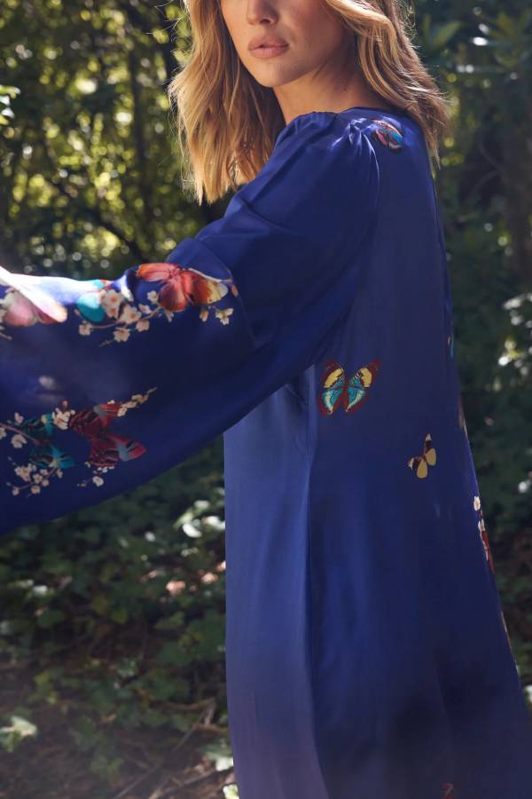 Butterfly Print Navy Blue Long Sleeve Loose Long Dress
