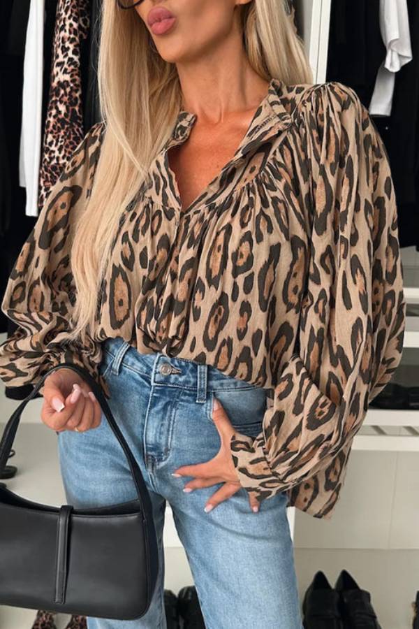 Light Beige Leopard Print Balloon Sleeve Loose Blouse