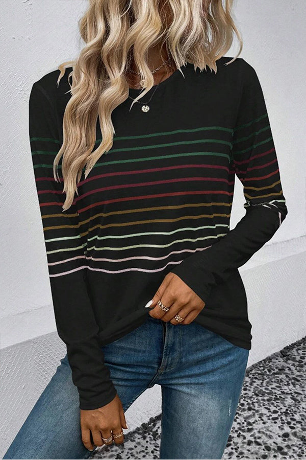 Black Striped Round Neck Long Sleeve Top