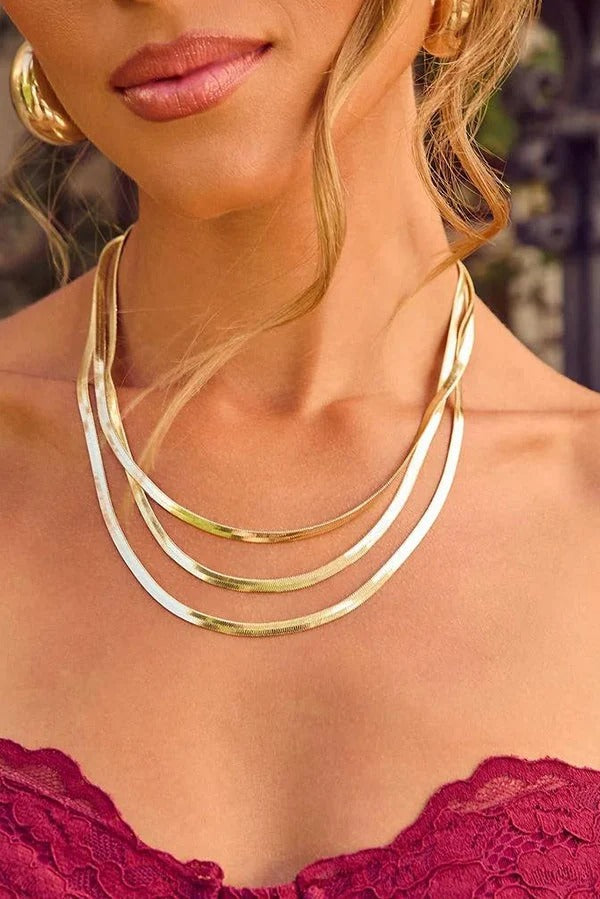 3-Layer Flat Snake Chain Collar Necklace