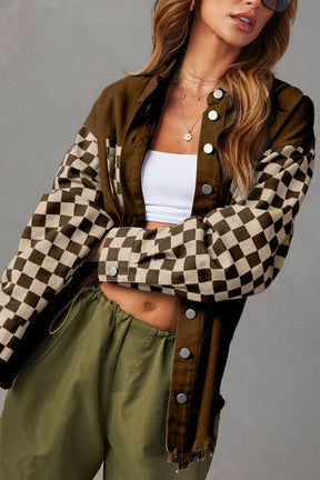 Fashionable casual loose plaid contrasting raw edge denim jacket