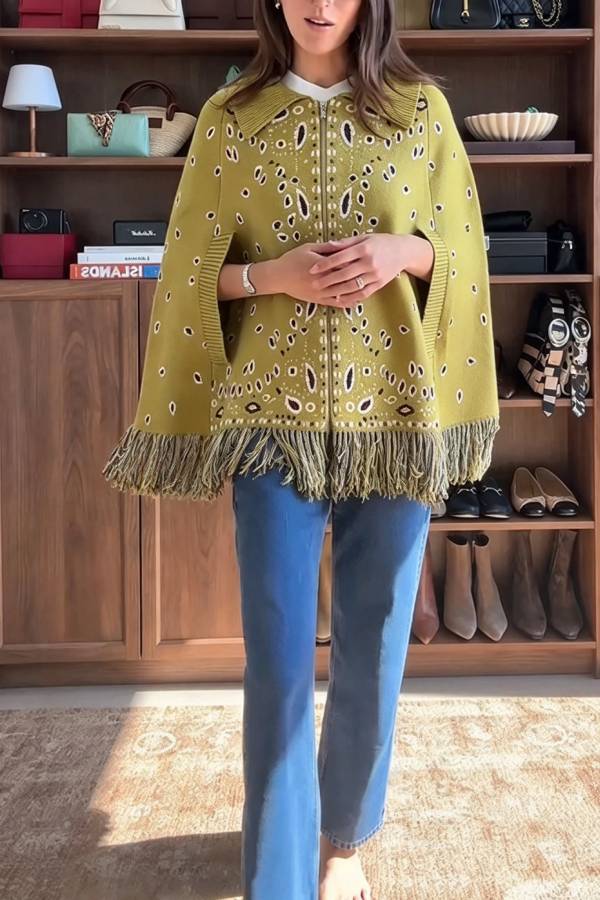 Lennie Bandana Knit Printed Open-Sleeve Pocket Fringe Lapel Zipper Poncho Sweater