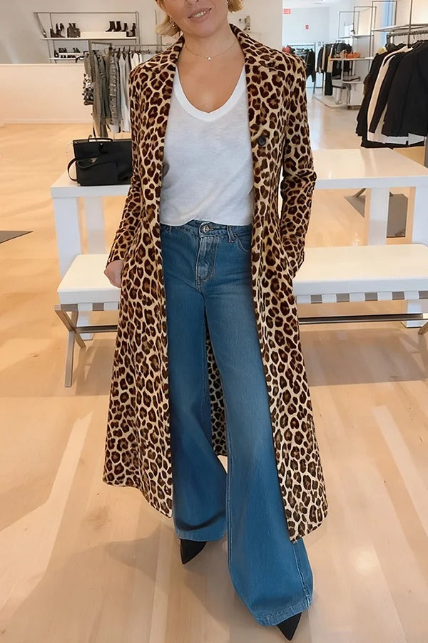 Leopard Print Long Sleeve Pocket Casual Maxi Trench Coat