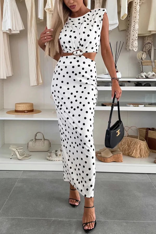 Roxane Polka Dot Print Shoulder Pad Metal Cutout Waist Slit Stretch Maxi Dress