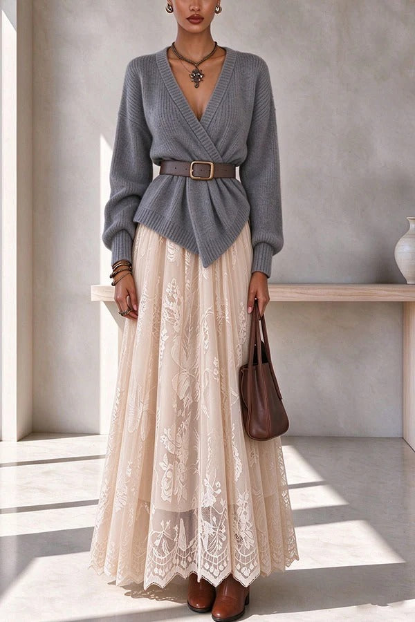 Exquisite Lace High Rise Elastic Waist A-line Maxi Skirt