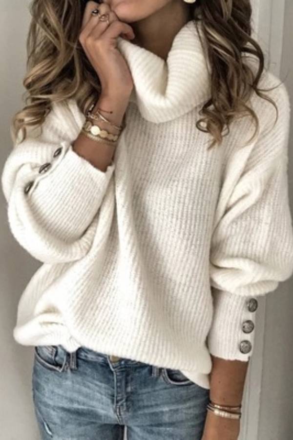 High-neck button-decorated loose knit sweater