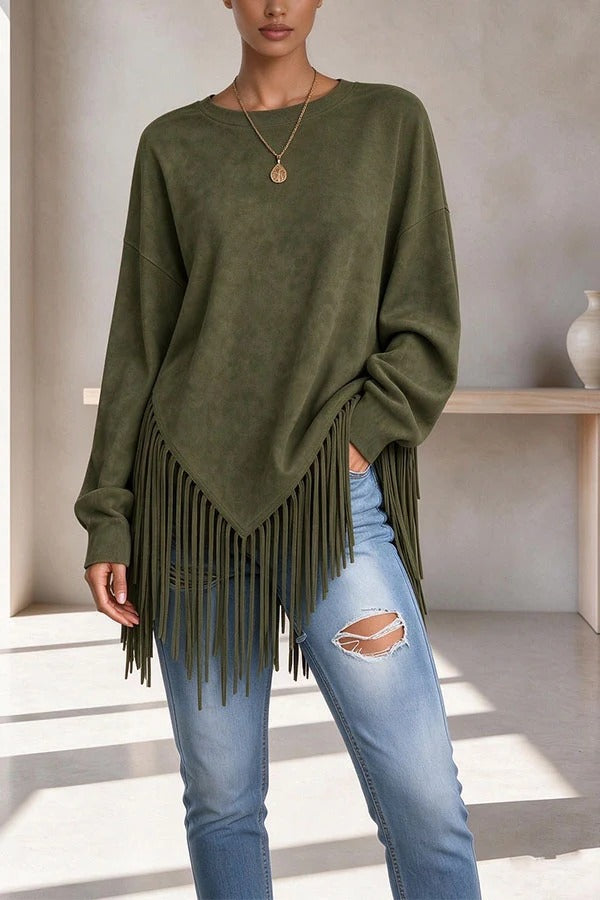 Stylish Casual Faux Suede Crew Neck Long Sleeve Fringed Hem Top