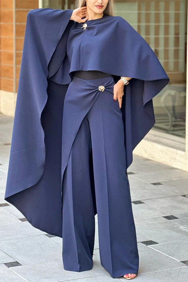 Elegant Two-Piece Cape Top and Wide-Leg Pants Set with Gold Brooch Accents
