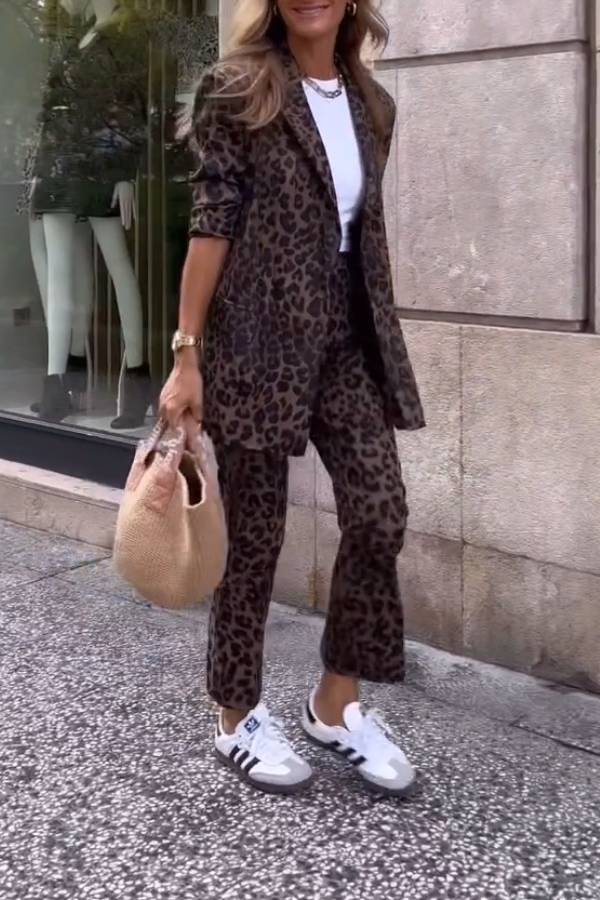 Retro wild leopard print suit cropped pants two-piece suit