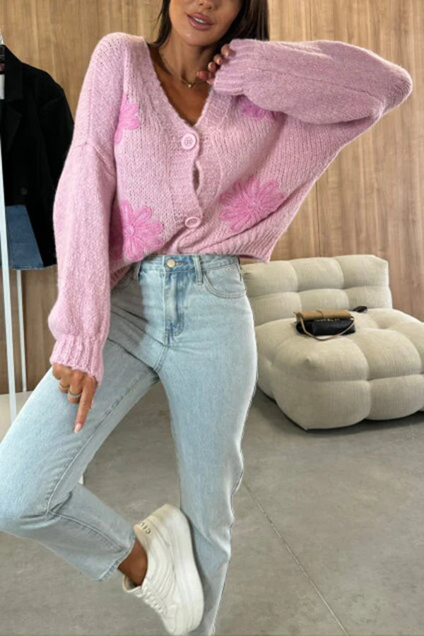 Embroidered Floral V-neck Long-sleeved Button-knit Cardigan