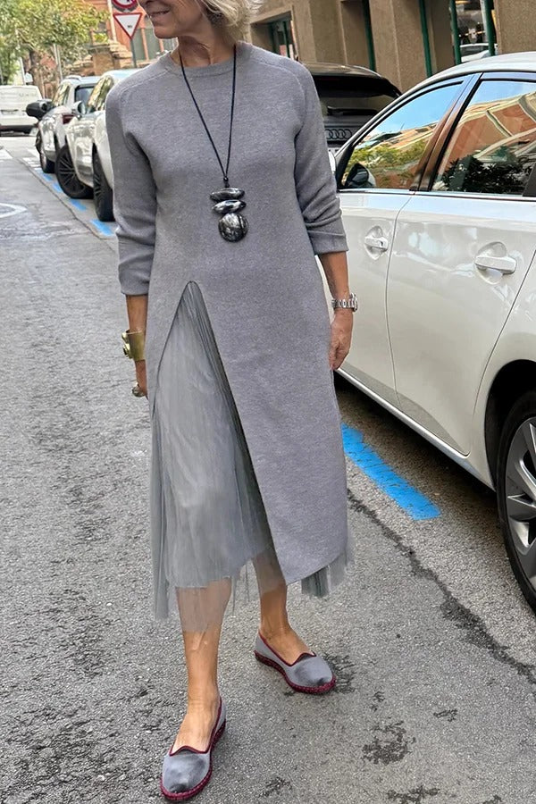 Jollie Knit Long Sleeve Front Slit Midi Sweater and Pleated Tulle Stretch Tank Midi Dress Two-piece Set