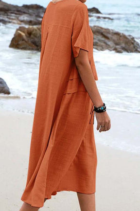 Summer loose casual cotton and linen solid color round neck short-sleeved mid-length dress