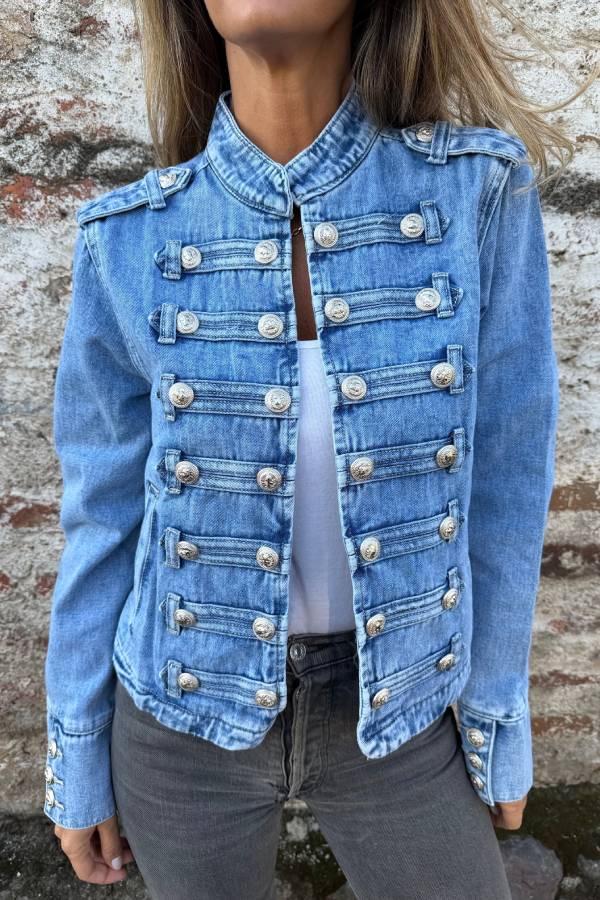 Vintage Military Stand Collar Double Breasted Cropped Denim Jacket