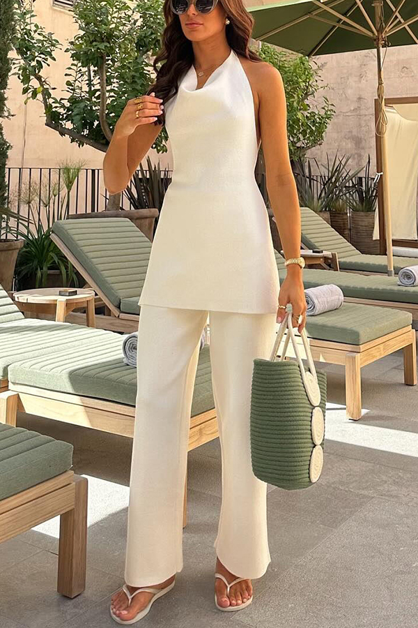 Beach Vacay Cowl Neck Back Tie-up Top and Stretch Straight Pants Suit