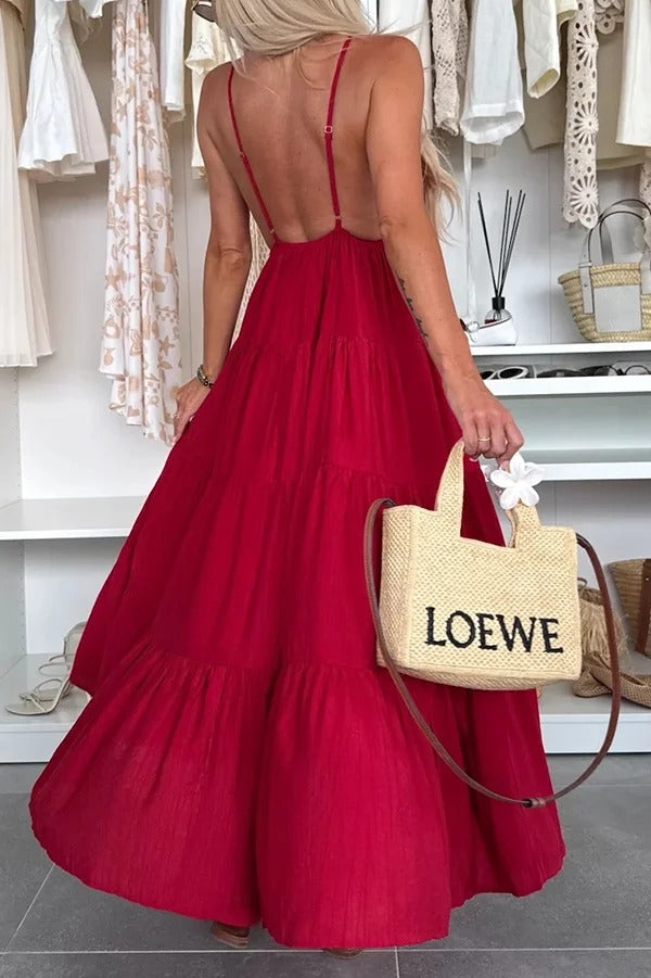 Bohemian Style V-neck Backless Slip Layered Vacation Maxi Dress