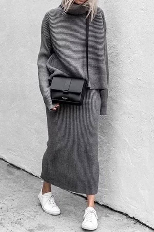 Elegant & Fashion Solid Color High Collar Two-piece Suit