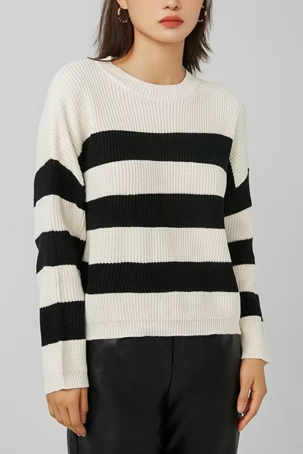 Loose-fitting, Versatile Striped Contrast-color Pullover Knitted Sweater